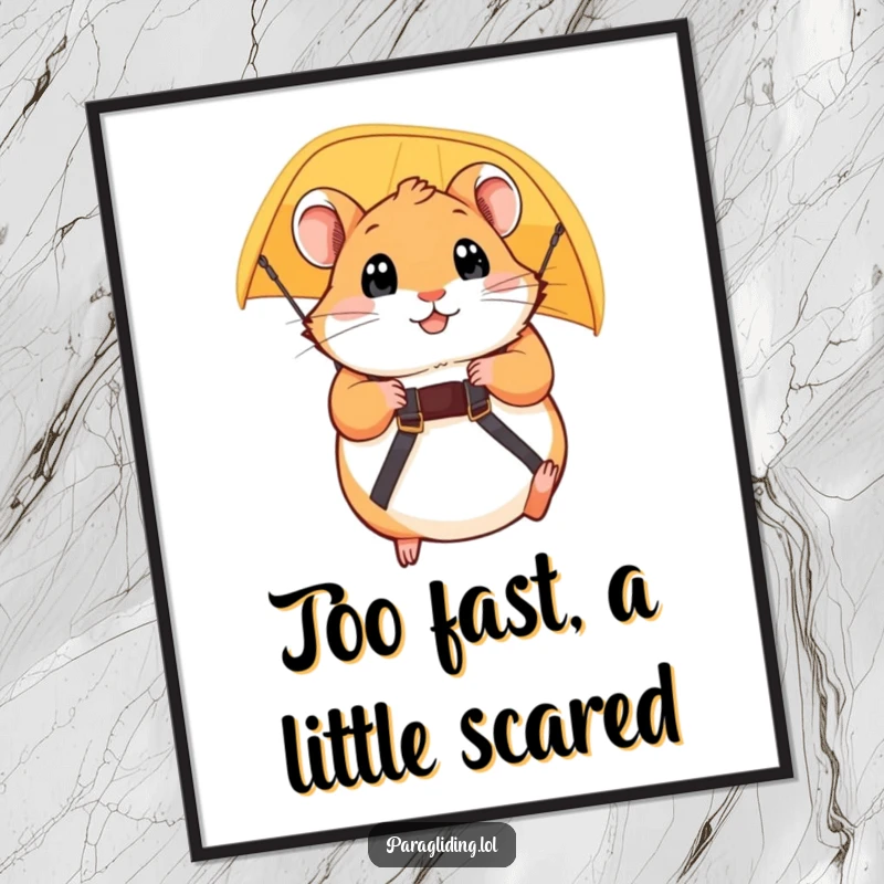 Funny digital art print of a plump, wide-eyed hamster holding paraglider straps tightly, ready for a humorous, airborne escapade. Instant art.
