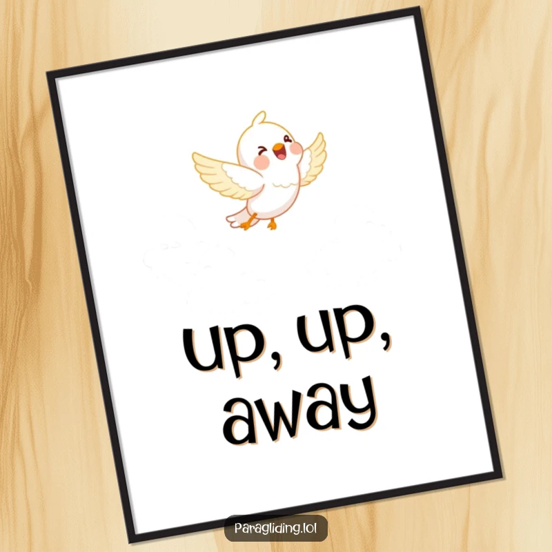 Funny digital art print: A happy bird joyfully soaring through fluffy white clouds. High-resolution, cheerful, and funny.