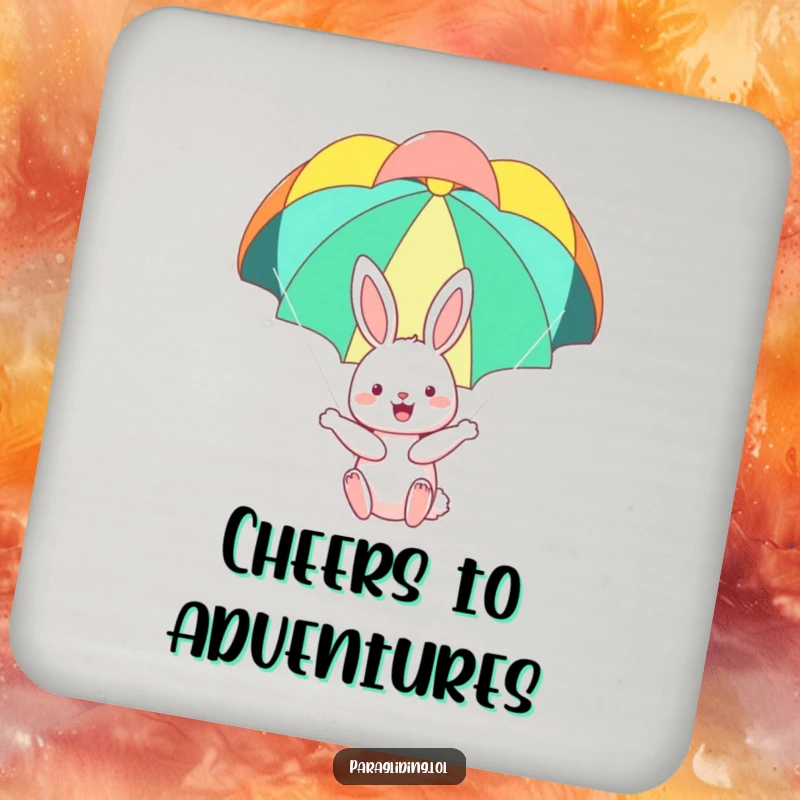 Funny drink coaster featuring a happy bunny floating serenely under a colorful parachute, adding a touch of joy to any beverage.