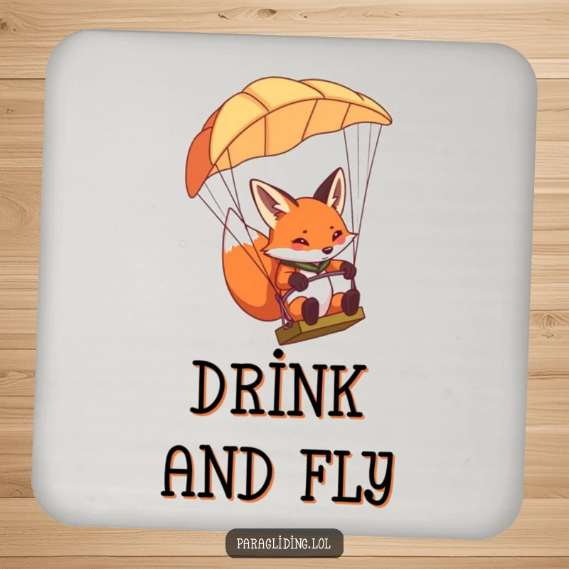 Funny determined fox coaster, showing a fox concentrating and steering a paraglider, protecting surfaces with focus.
