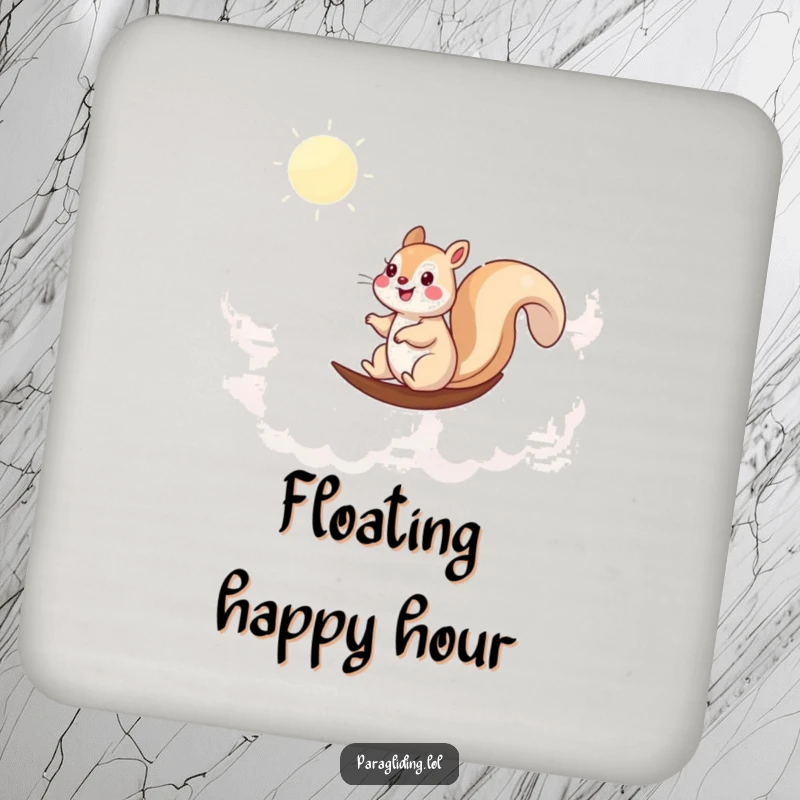 Funny coaster with a happy squirrel sailing through clouds, protecting tables with a charming touch.