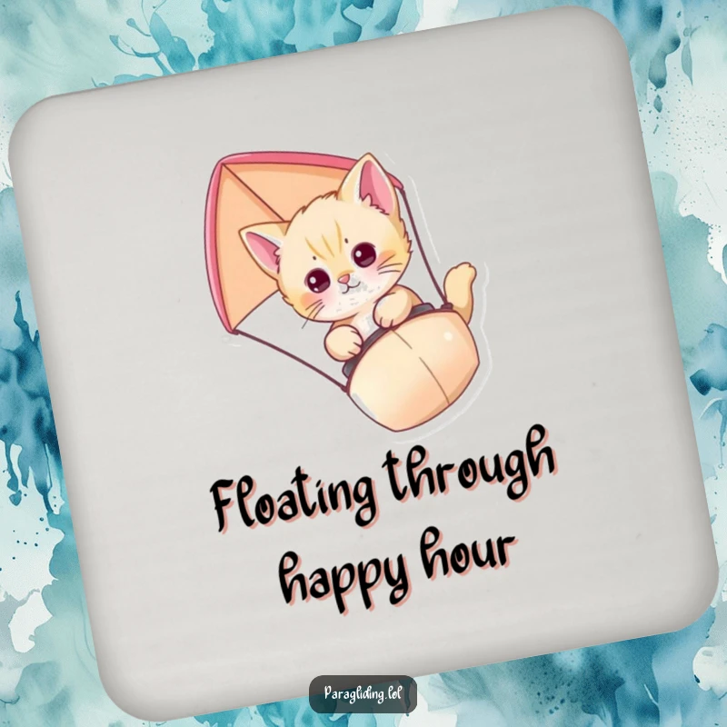 Funny Kitten Paraglider Coaster featuring a curious kitten paragliding, adding a touch of whimsical protection to beverages.