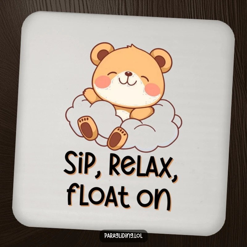 Funny coaster featuring a happy bear floating on clouds, protecting surfaces with a touch of whimsy.