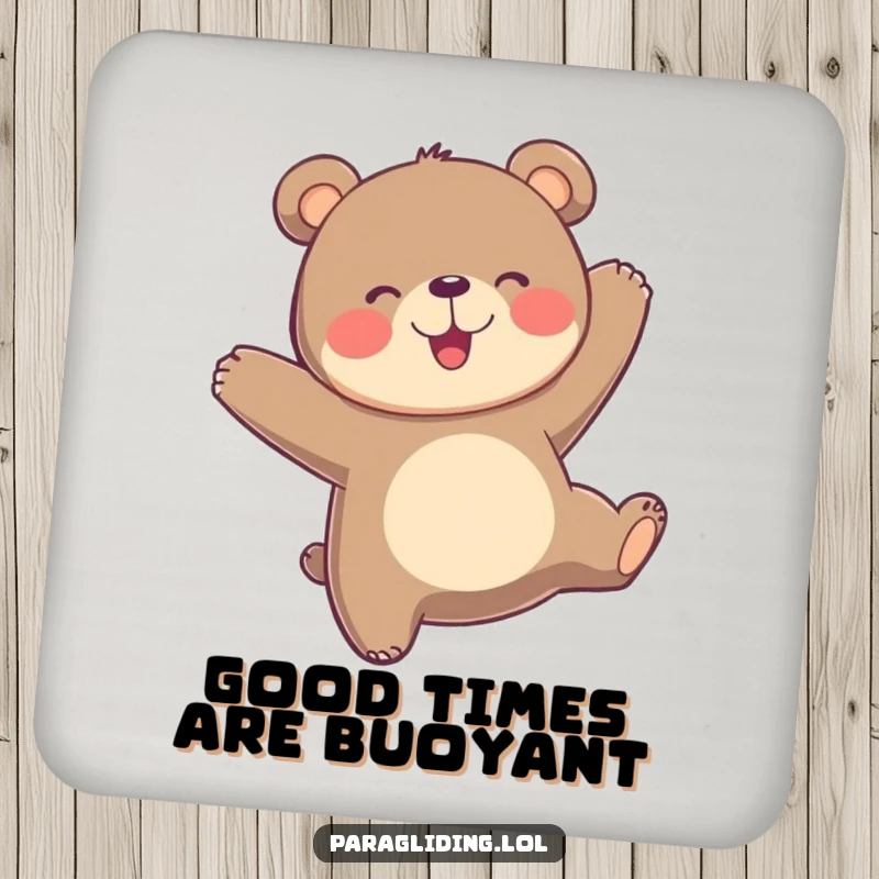 Funny playful bear bobs joyfully in the air on a drink coaster, bringing airborne cheer to beverage protection.