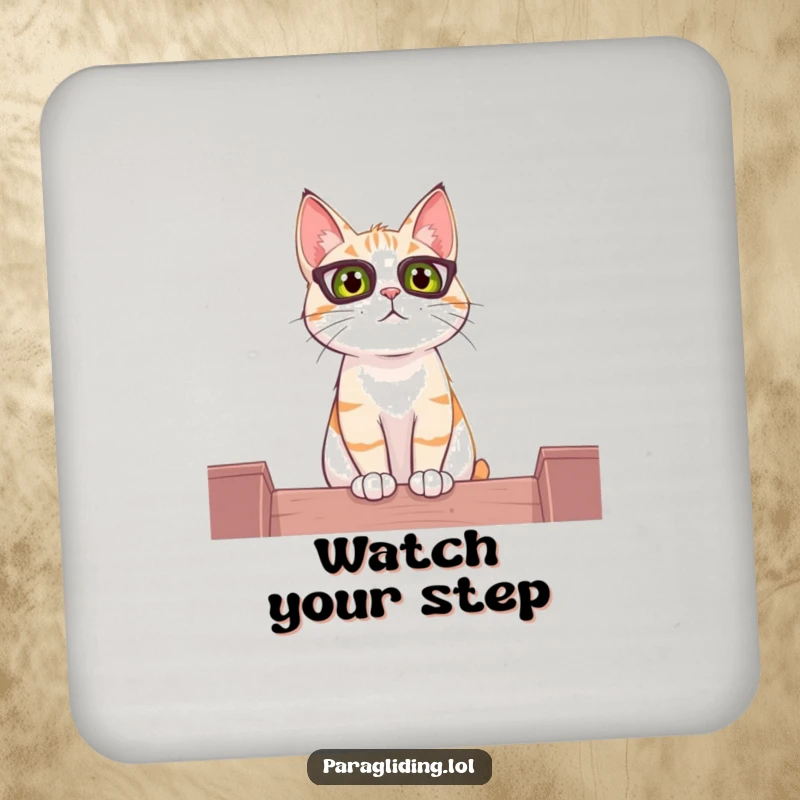 Funny coaster with a curious cat observing the world from a high perch, protecting tables with humor.