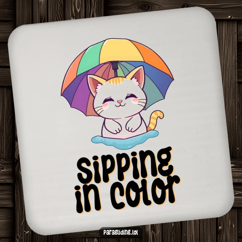 Funny coaster: A smiling cat floating peacefully under a vibrant rainbow umbrella. Protects furniture with whimsical humor.
