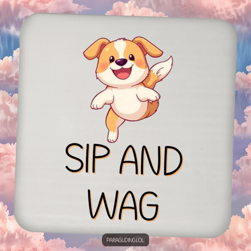 Funny coaster featuring a grinning dog soaring gracefully through the sky, adding playful charm.