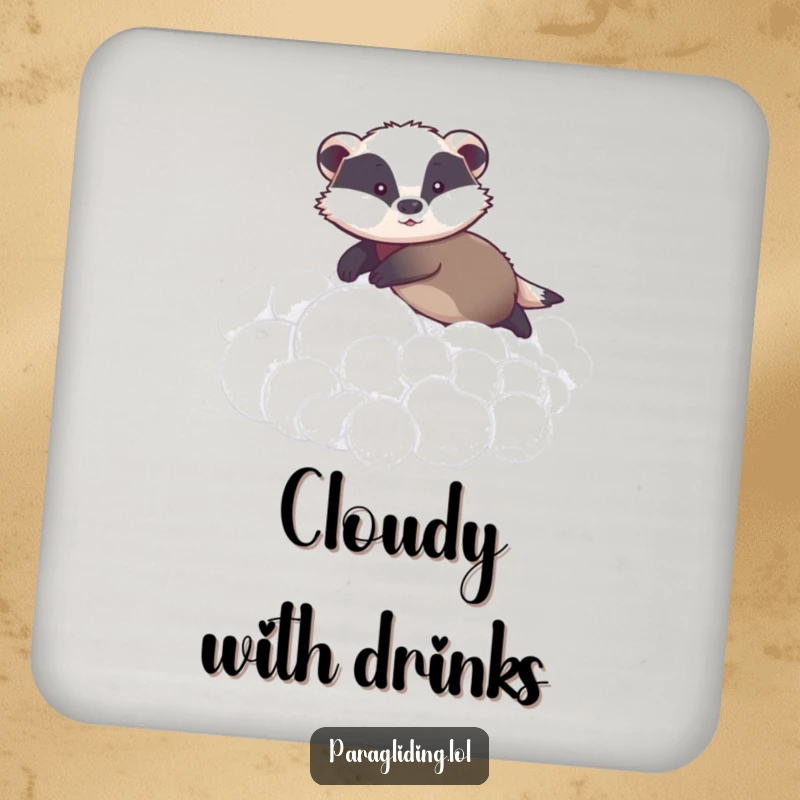 Funny drink coaster showing a graceful badger gently gliding over fluffy clouds, offering protection with a serene and amusing touch.