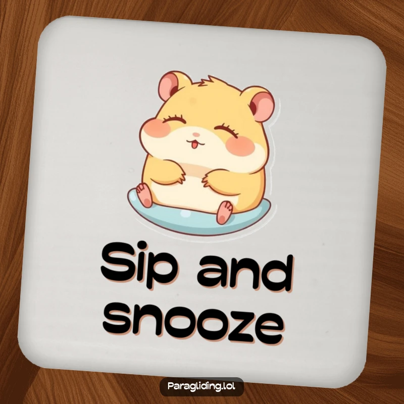 Funny drink coasters with a hamster gliding peacefully with eyes closed, providing humorous surface protection.
