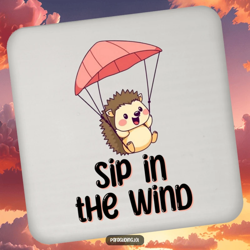Funny Hedgehog Coaster: A small coaster depicting a cheerful hedgehog enjoying the breeze while paragliding, adding a happy touch.