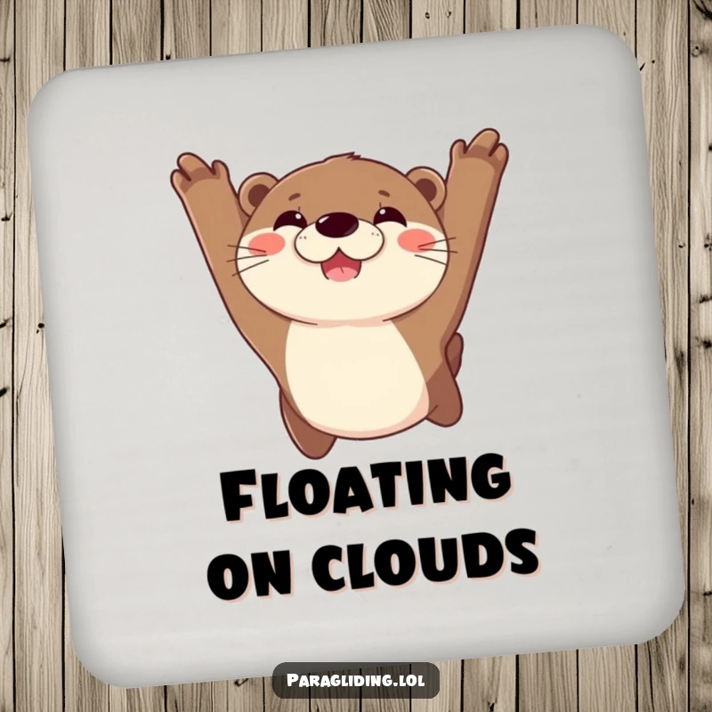 Funny drink coaster featuring a joyful otter with a wide grin, soaring through the sky, adding a humorous and protective touch to surfaces.