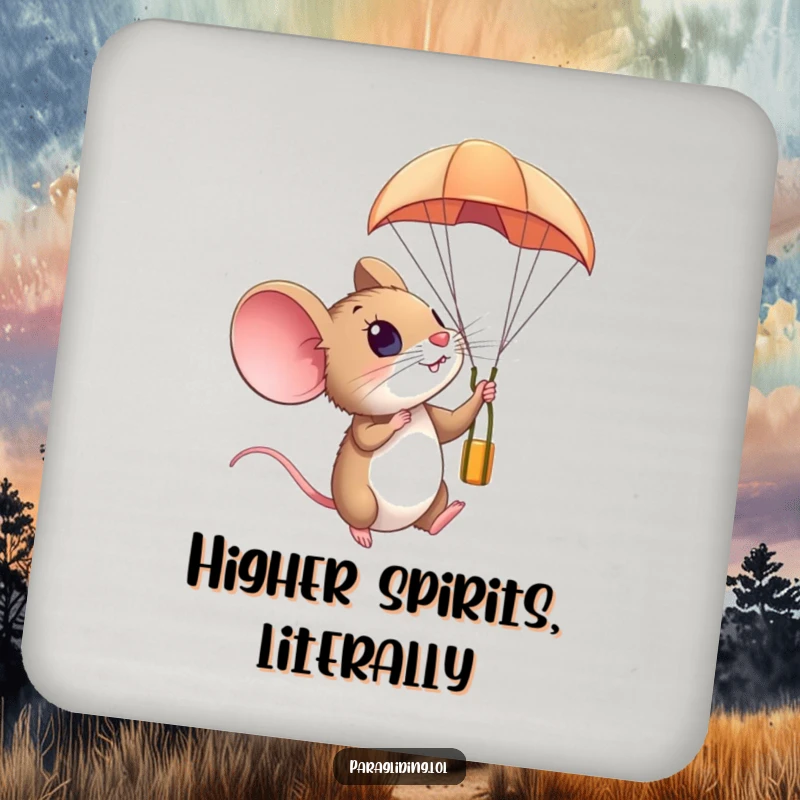 Funny coaster featuring a small mouse looking amazed from a paraglider in the sky, adding a touch of wonder to tabletops.