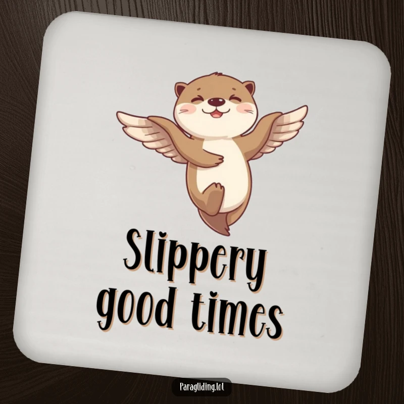 Funny coaster with a giggling otter dancing on the breeze during flight, protecting surfaces with humor.