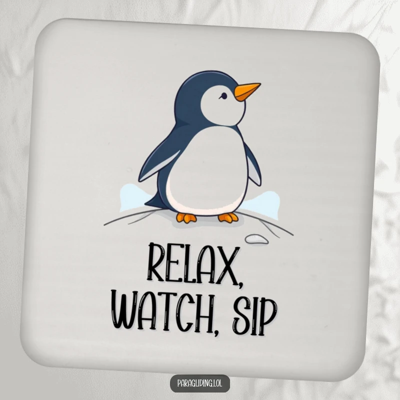 Funny penguin coaster, a protective disc with a penguin observing from a paraglider, perfect for tables.