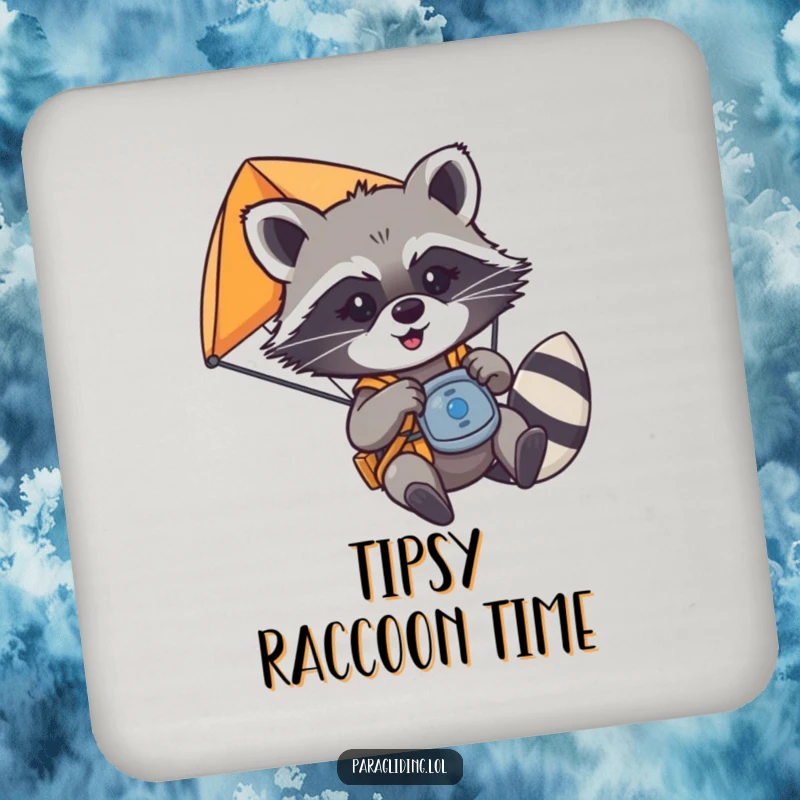 Funny mischievous raccoon playfully tugging on paraglider controls, on a drink coaster, a small funny gift.