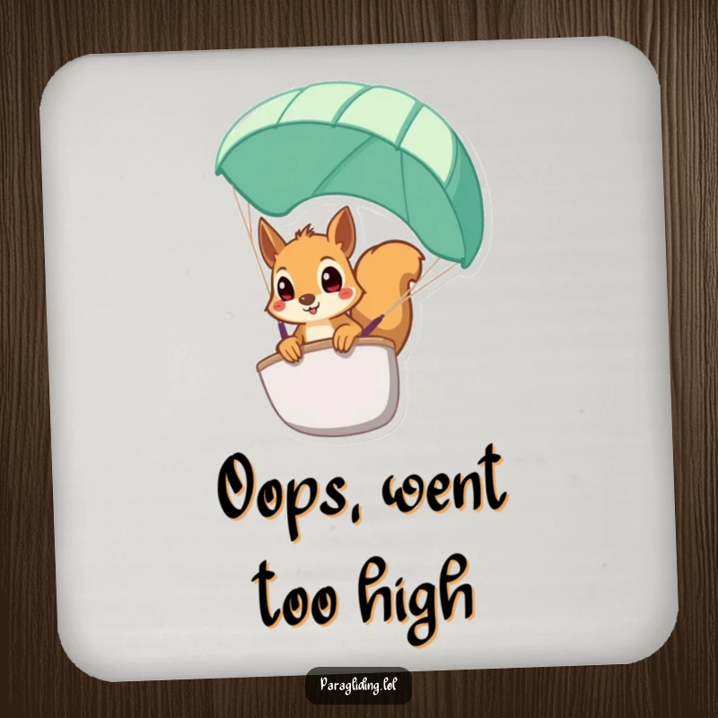 Funny squirrel coaster, a protective disc with a squirrel peeking from a paraglider, perfect for tables.