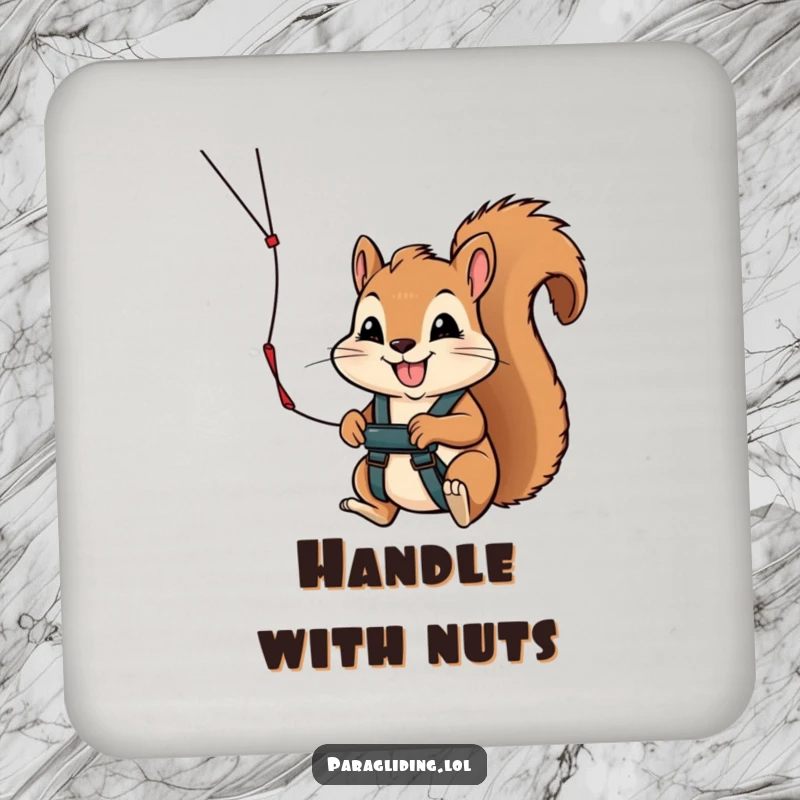 Funny drink coaster featuring a determined squirrel gripping a paraglider handle, adding a humorous and adventurous touch to beverage protection.