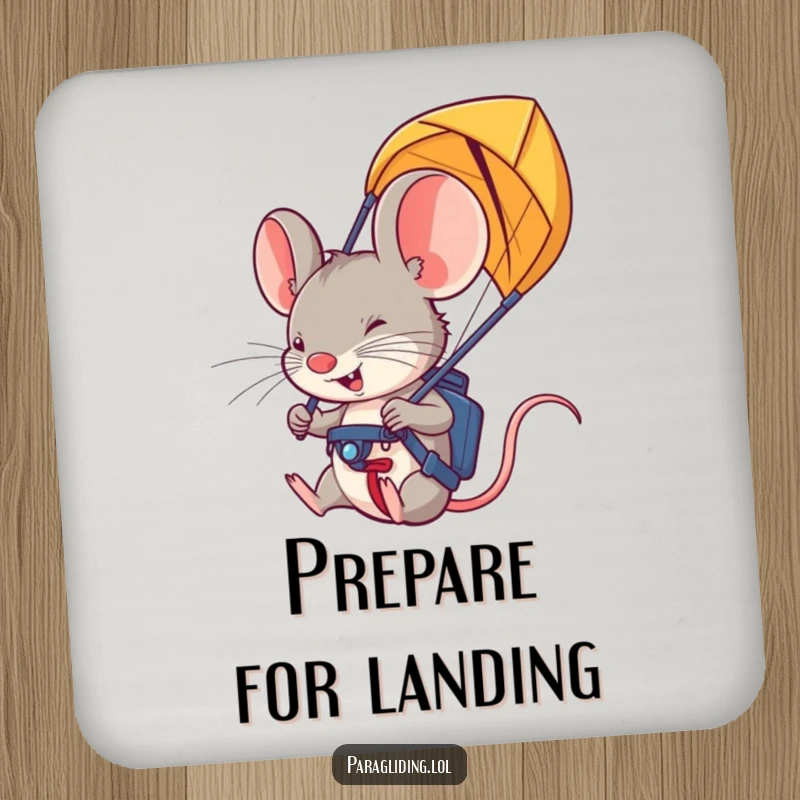 Funny paraglider mouse coaster: a protective coaster with a determined mouse holding paraglider handles, for drink protection.