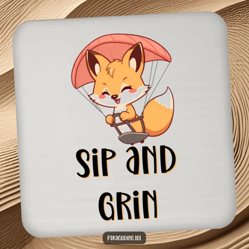Funny Fox Coaster: A small coaster depicting a bouncy fox smiling while skillfully steering a paraglider, adding playful flair.