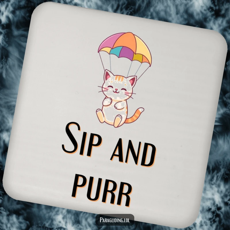 Funny coaster featuring a happy cat serenely paragliding under a colorful paraglider, adding calm charm.