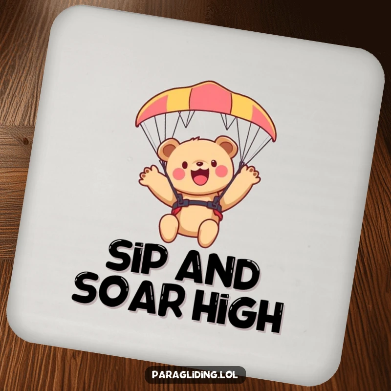 Funny bear cub coaster, a protective disc with a cub waving from a paraglider, perfect for tables.