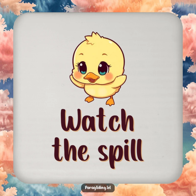 Funny drink coaster featuring a wobbly duckling with surprised eyes falling, offering protection with an adorably humorous design.