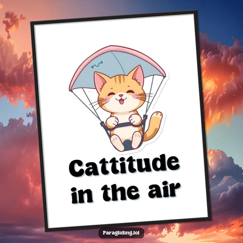 Funny confident cat paragliding nimbly against a sky backdrop on a poster. Stylish wall art and a great funny gift.