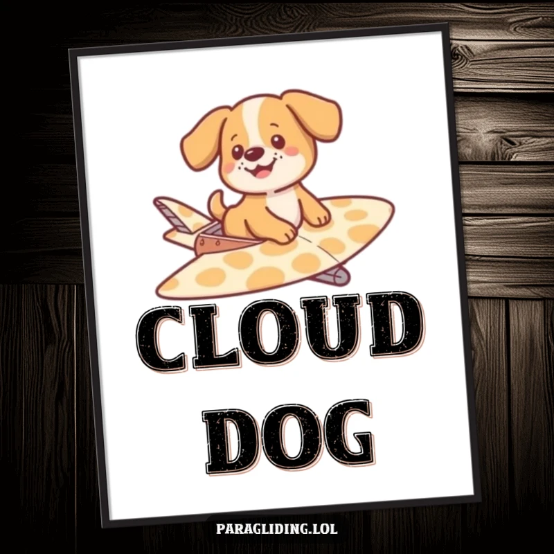 Funny poster art of a happy dog drifting peacefully on a large, patterned glider, capturing a moment of pure, unadulterated joy and relaxation.