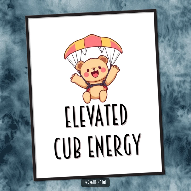 Funny bear cub poster, a cute cub waving from a paraglider, ideal for adventure-themed decor.