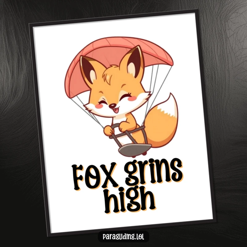 Funny Fox Poster: A vibrant print of a bouncy fox with a smile, gracefully steering a paraglider, embodying playful adventure.