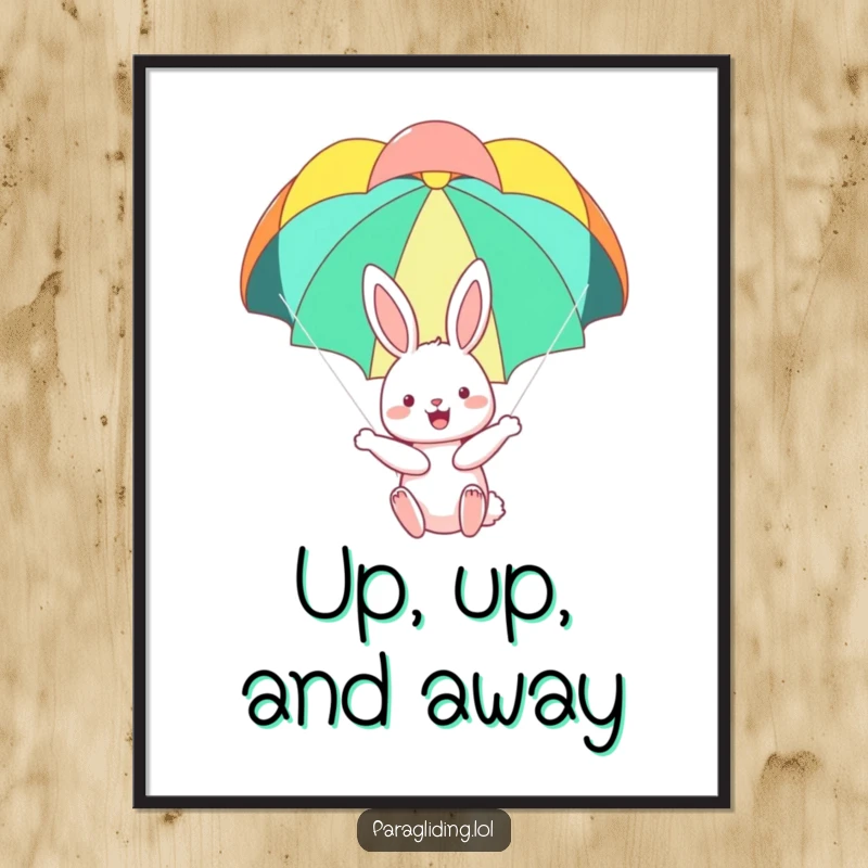 Funny poster print of a happy bunny floating serenely under a colorful parachute, creating a cheerful and whimsical statement piece.