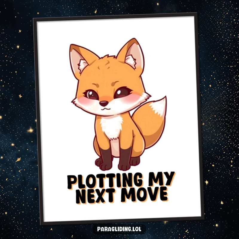 Funny poster art of a determined fox looking downwards with intense curiosity, symbolizing an inquisitive mind and keen observation, excellent funny gift.