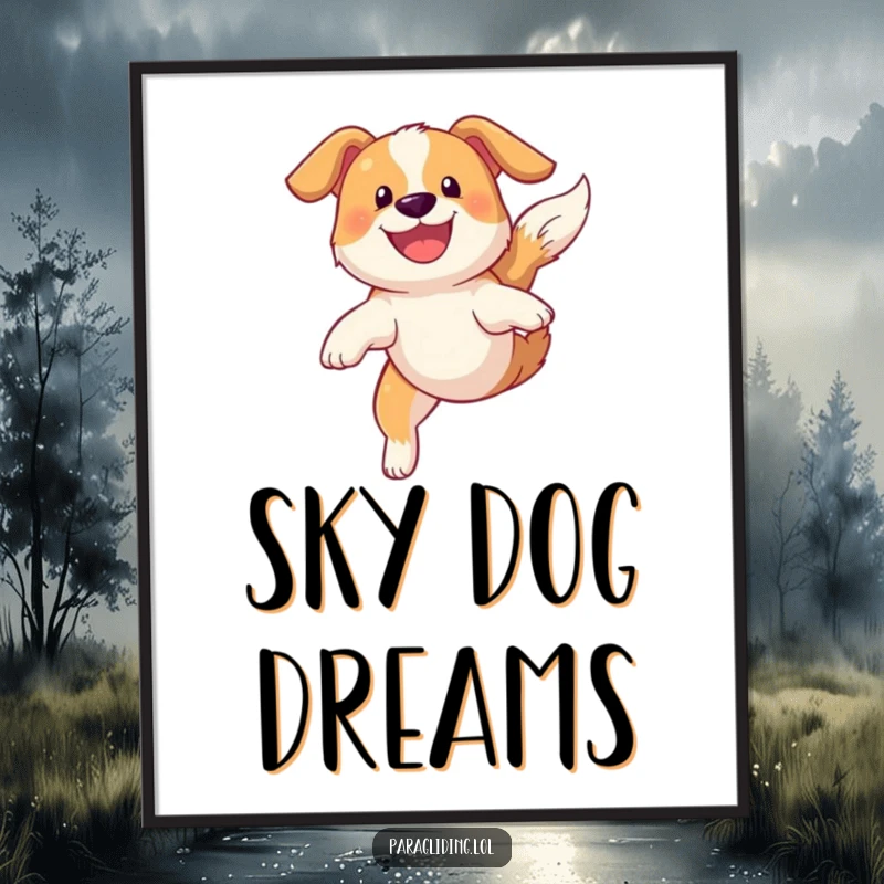 Funny poster of a grinning dog soaring gracefully through the sky, bringing canine joy and adventure to decor.
