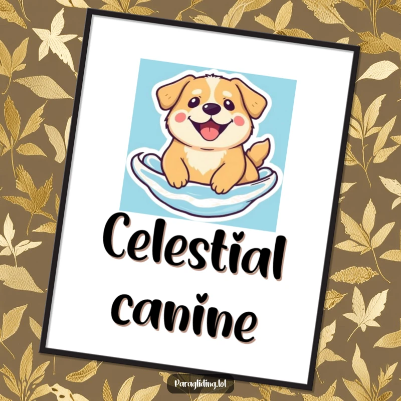 Funny floating dog poster, depicting a beaming dog floating serenely, creating a peaceful and joyful ambiance.