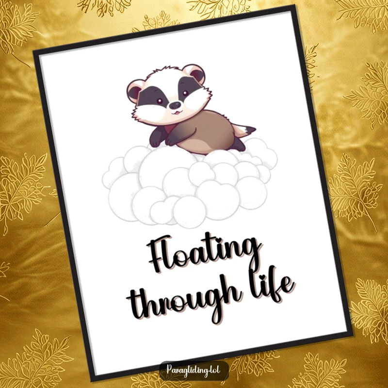 Funny poster print of a graceful badger gently gliding across fluffy clouds, conveying a sense of peace, serenity, and subtle amusement.