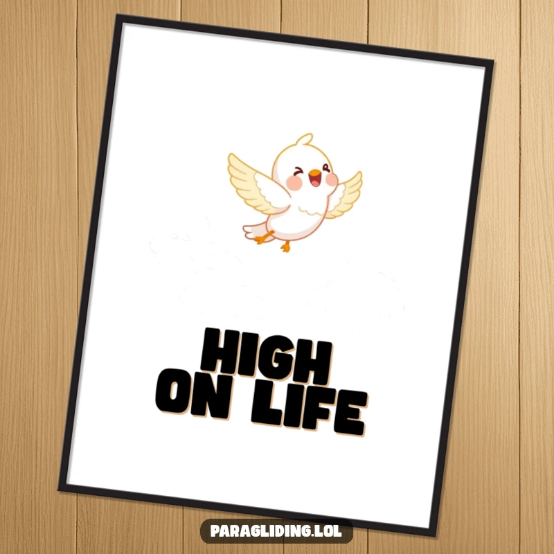 Funny poster: A happy bird joyfully soaring through soft, fluffy white clouds. Peaceful, uplifting, and humorous artwork.