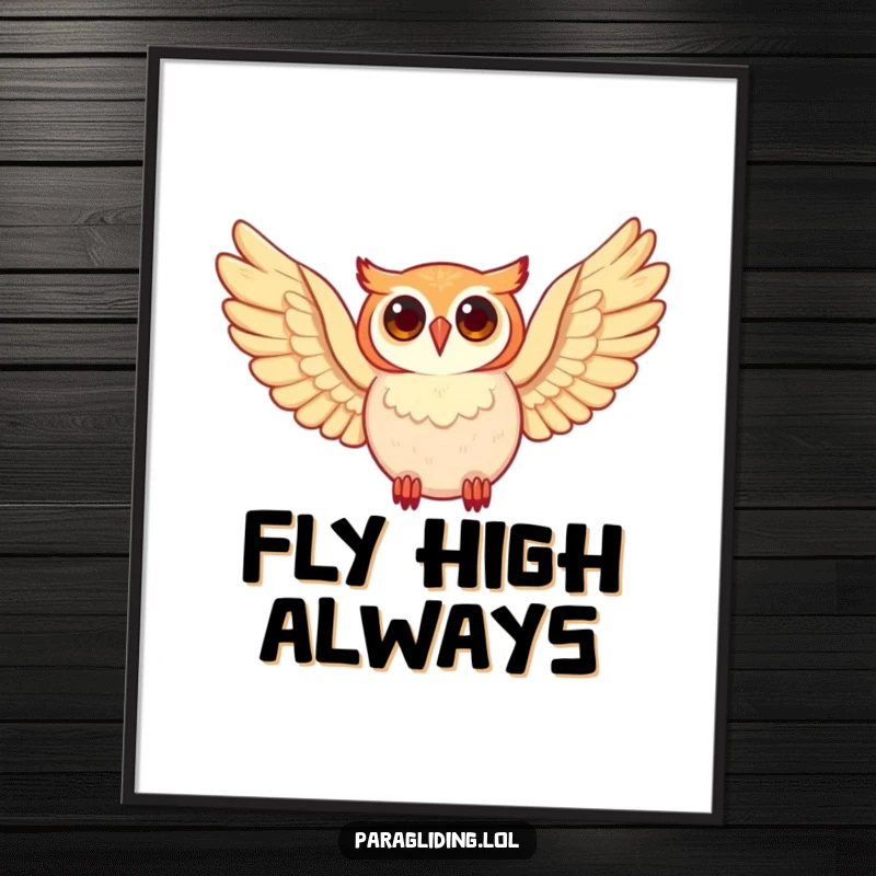 Funny happy owl, depicted in mid-flight with wings spread wide, on a beautiful poster, an excellent funny gift.