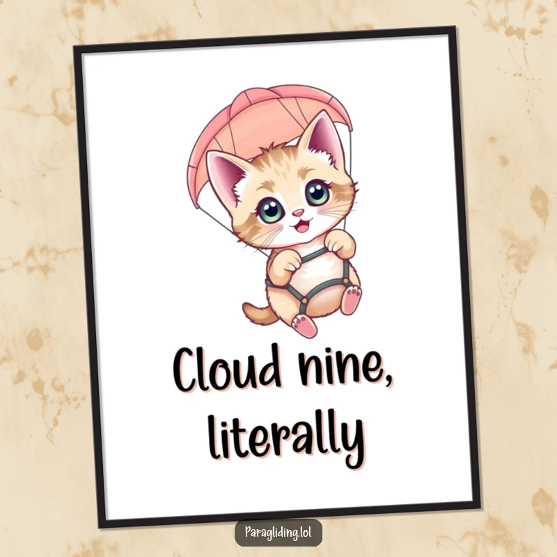 Funny paragliding kitten poster, a happy feline with wide eyes paragliding majestically against a scenic backdrop.