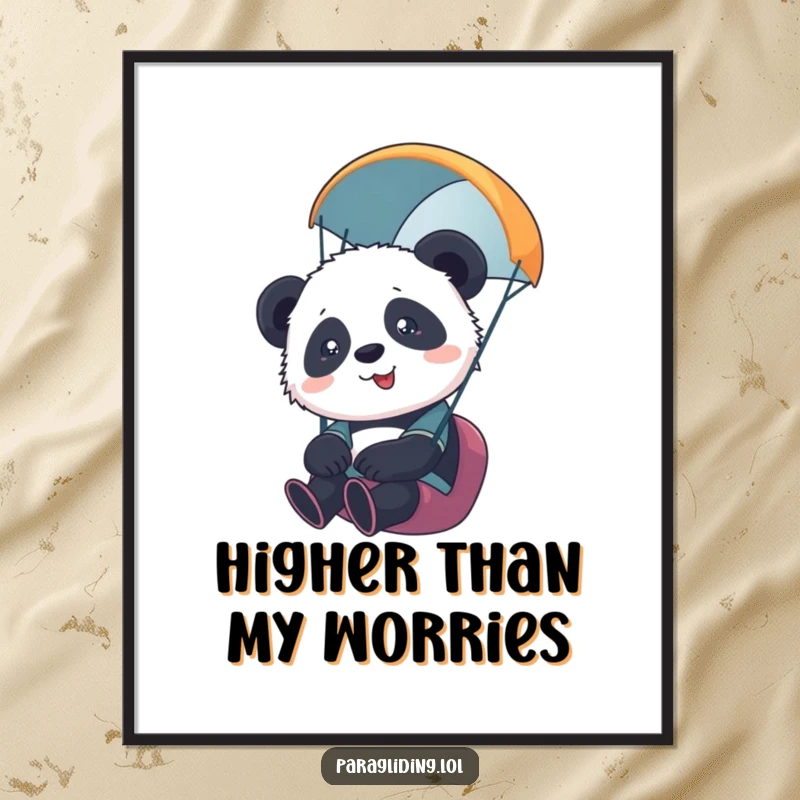 Funny poster art of a cute panda cub paragliding, looking overwhelmed by the height but enjoying the scenic flight. Great decor.