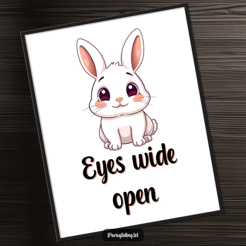 Funny poster illustrating a playful rabbit with incredibly wide, amazed eyes, capturing a moment of awe.