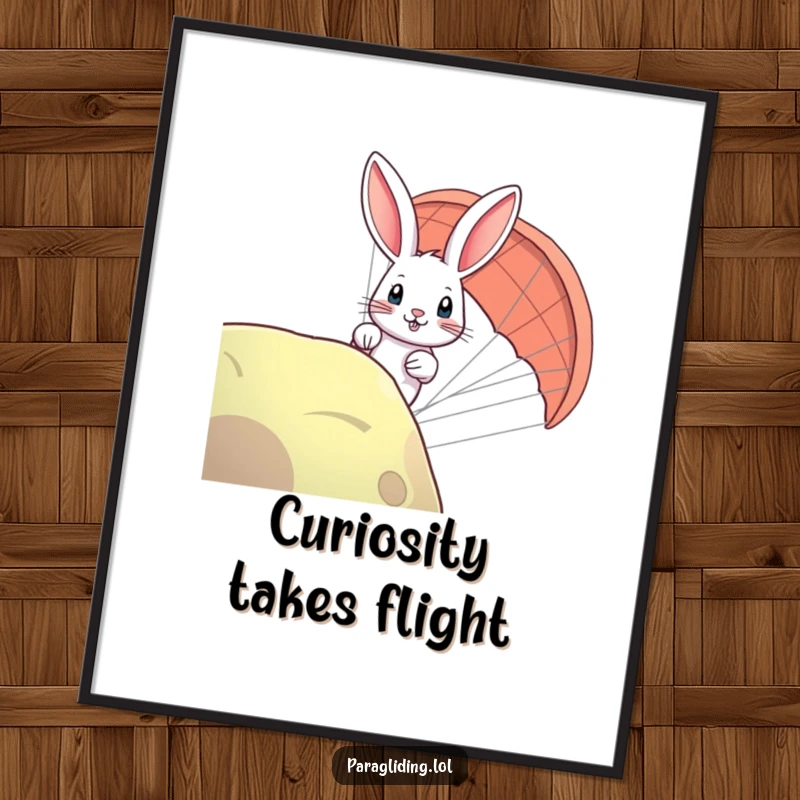 Funny rabbit paraglider poster showing a curious bunny peeking, a humorous and charming piece for wall art.