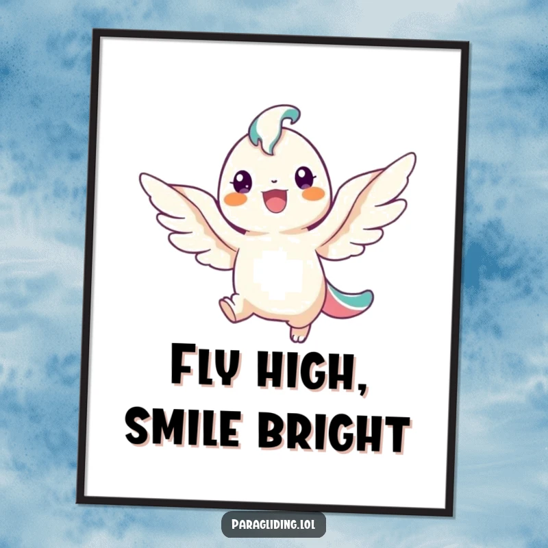 Funny poster showcasing a beaming winged creature descending with a wide smile, a joyful and humorous wall art for any space.