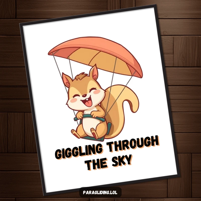Funny giggling squirrel paragliding and waving against a sky backdrop on a poster. Whimsical and funny gift for wall decor.
