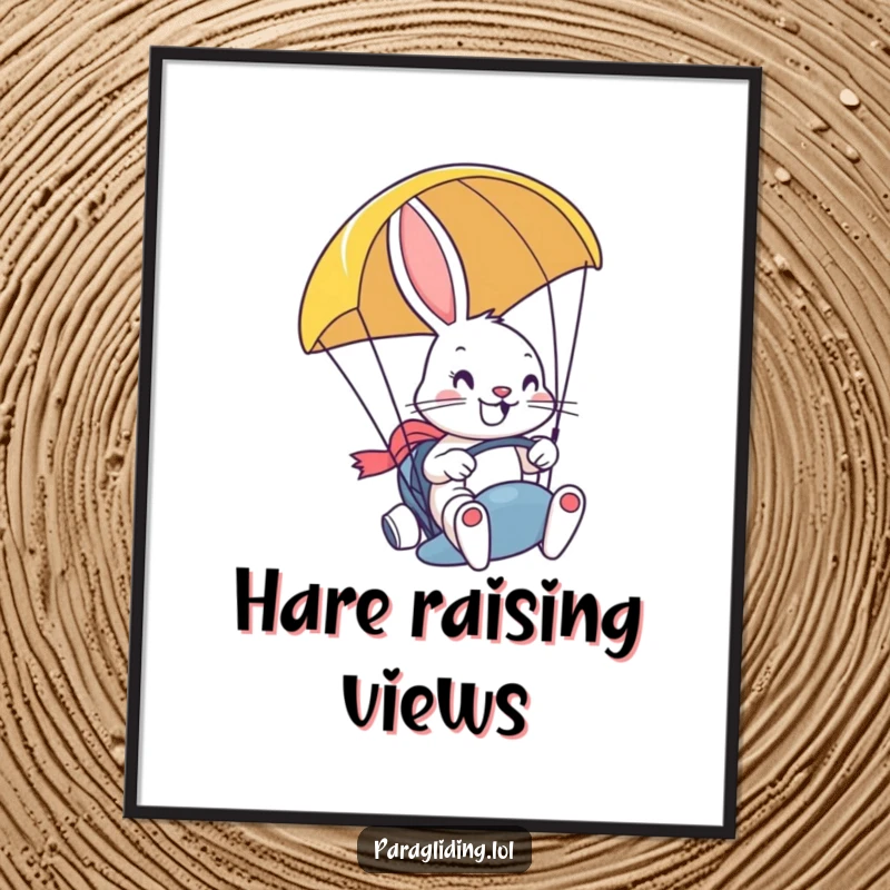 Funny poster of a determined, smiling bunny steering a paraglider with a grin, creating a bold and inspiring piece of wall art.