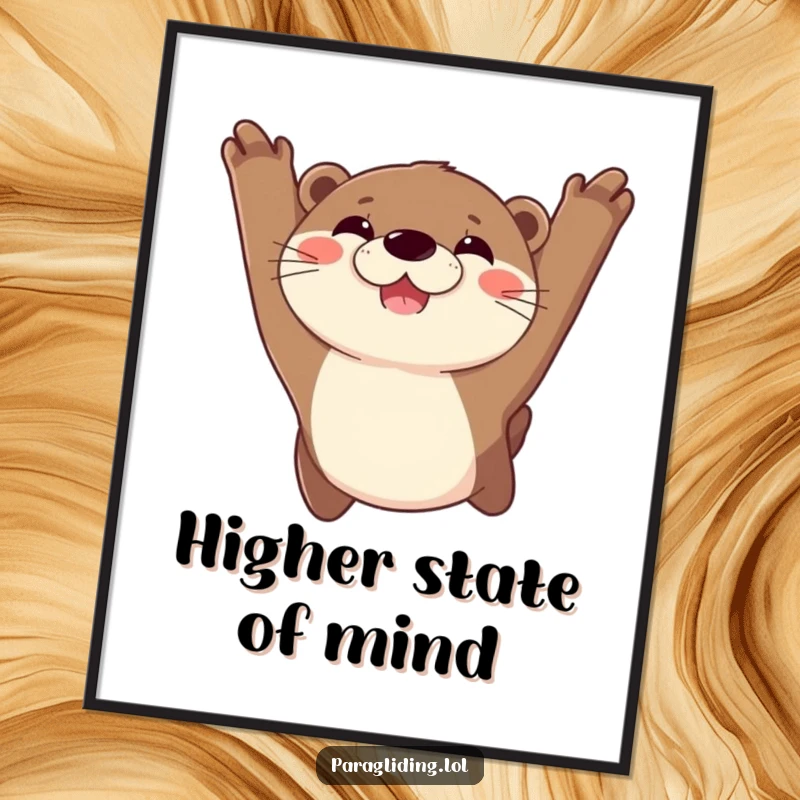 Funny poster print of a joyful otter with a huge grin, soaring with pure bliss through the vast expanse of the sky.