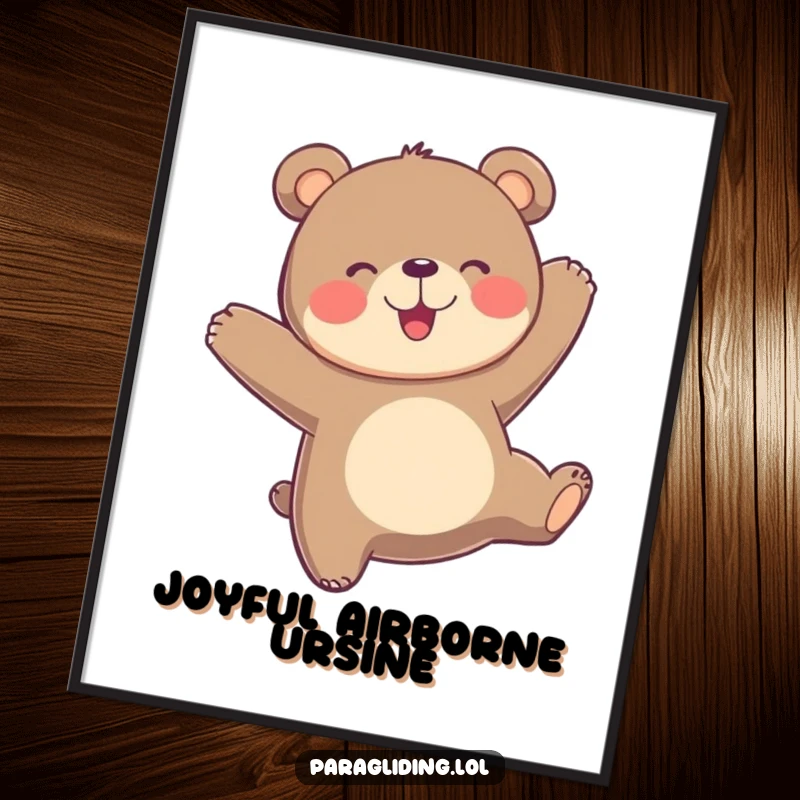 Funny playful bear bobs joyfully in the air, a vibrant poster capturing pure airborne delight and fun.