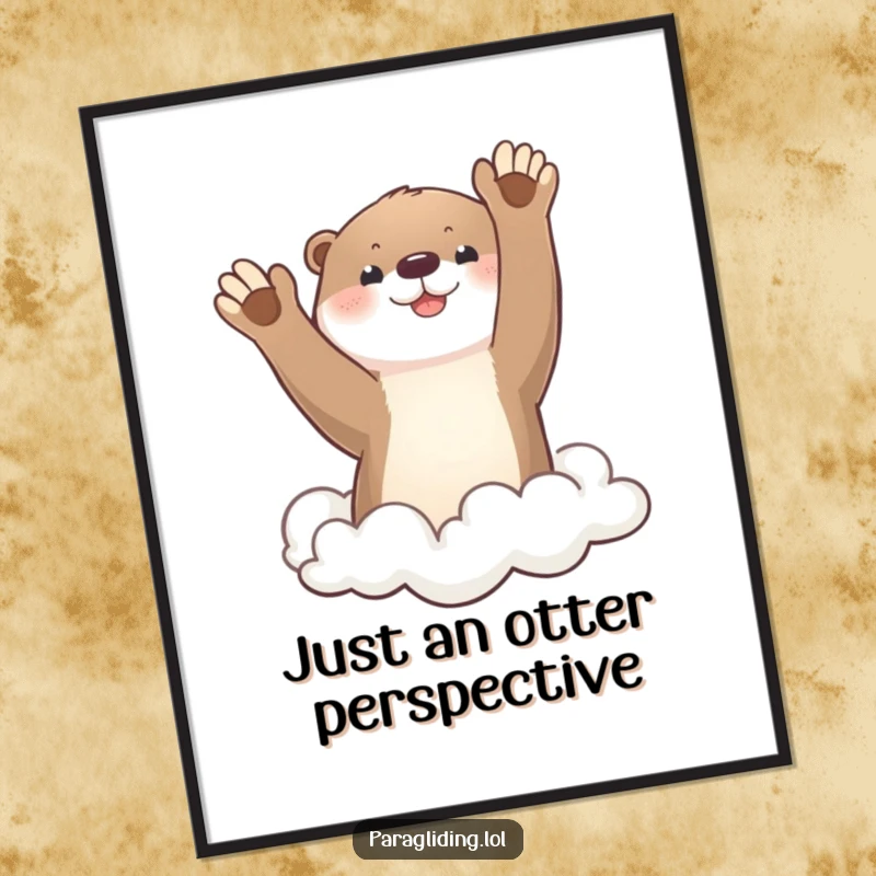 Funny otter waving from clouds, whimsical wall art, cheerful animal illustration, perfect funny gift for decorating.