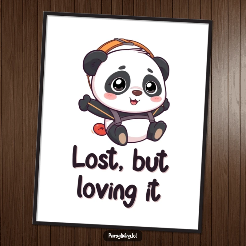 Funny Panda Paraglider Poster capturing a panda's bewildered yet happy expression during an aerial paragliding adventure.