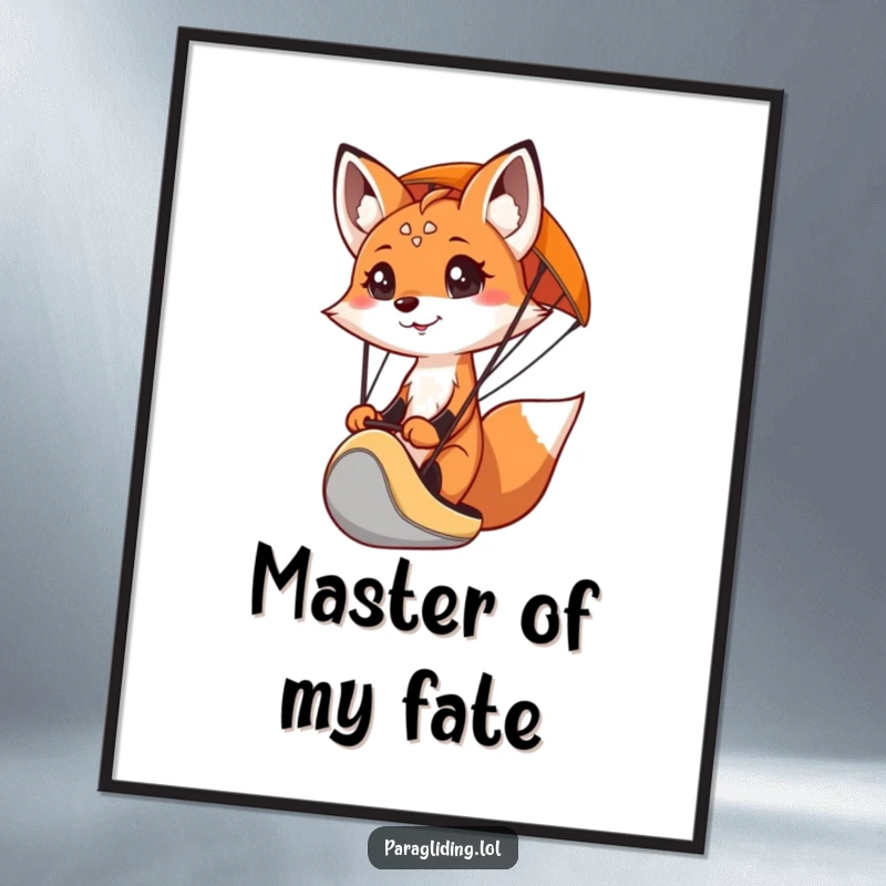 Funny poster art of a determined fox paragliding, inspiring curiosity and adventure in wall decor.