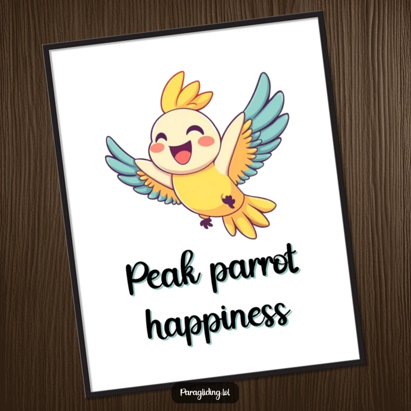 Funny poster art of a joyful parrot with a wide grin soaring through the sky, a vibrant representation of happiness and freedom, excellent funny gift.